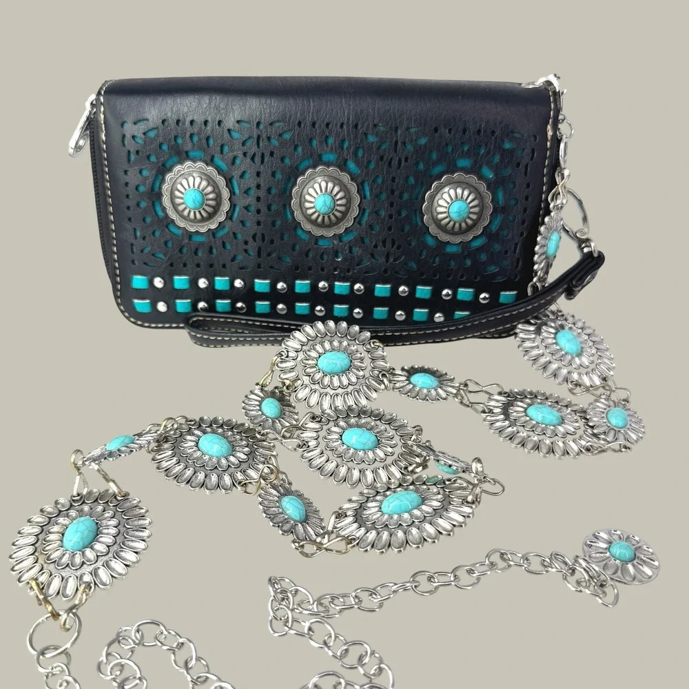 American Bling Wallet Women OS Black Turquoise Concho Cutout Western Rodeo Boho
